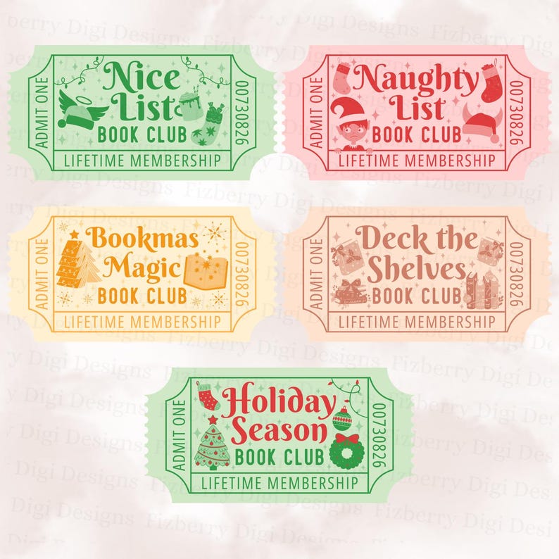 May include: A collection of five colorful holiday-themed book club tickets. Each ticket features festive illustrations and text such as "Nice List," "Naughty List," "Bookmas Magic," "Deck the Shelves," and "Holiday Season." The tickets have a vintage design.