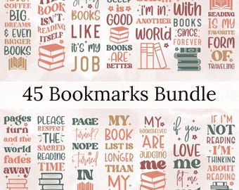 45 Bookmarks SVG Bundle, Printable Bookmark Template, Bookmark Png, Bookmark Svg, Bookish Quote Designs, Digital Download