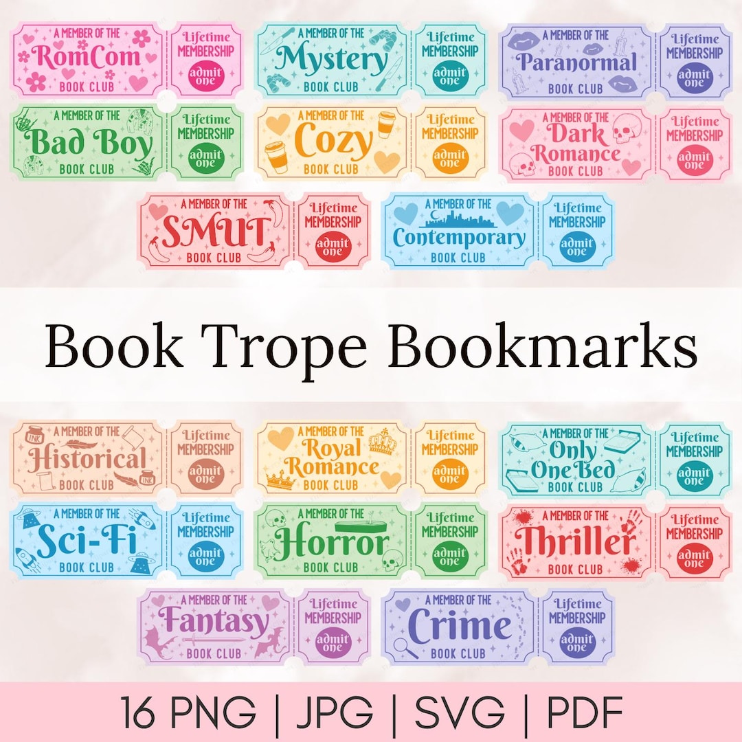 16 Book Tropes Raffle Tickets Bookmarks SVG Bundle, Spicy Book Png ...