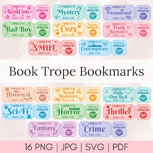 16 Book Tropes Tickets Bookmarks SVG Bundle, Spicy Book Png, Reading Svg, Book Quotes Svg, Retro Book Svg, Floral Book Svg, Digital Download