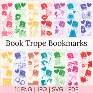 May include: A collection of colorful bookmarks with various book-related themes. Each bookmark features a unique design, including books, hearts, and other graphics. The text "Book Trope Bookmarks" is displayed prominently. The image also includes file type information.