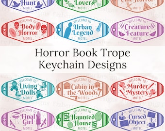 12 Horror Book Tropes Motel Keychain Designs, Book Club, Gift for Book Lover Svg, Bookstagram Trendy Png, Bookish Designs, Digital Download