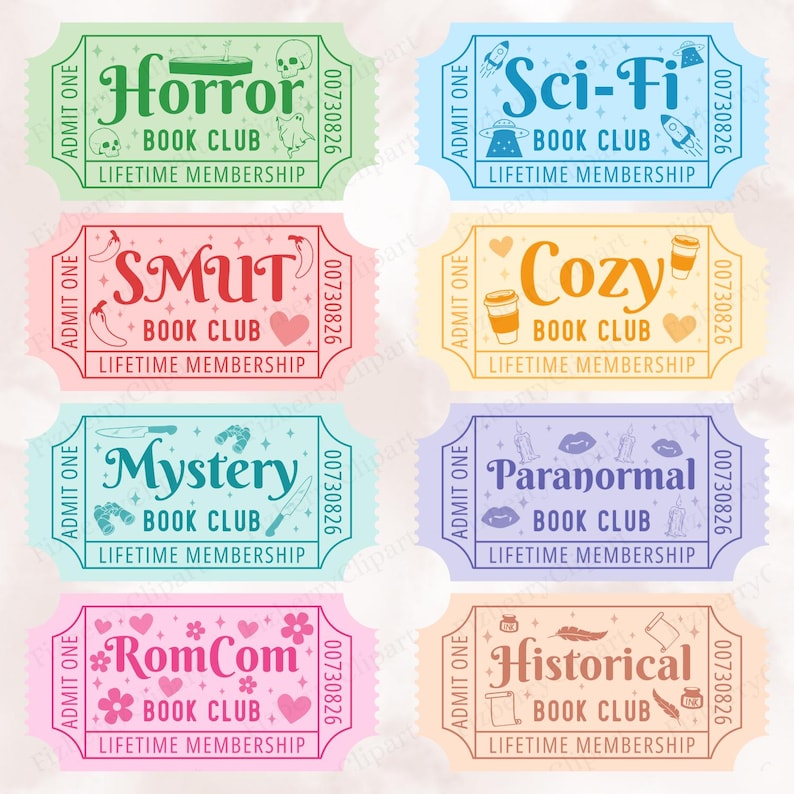 May include: A collection of eight colorful book club tickets. Each ticket features a different genre: Horror, Sci-Fi, Smut, Cozy, Mystery, Paranormal, RomCom, and Historical. The tickets include the text "BOOK CLUB" and "LIFETIME MEMBERSHIP".