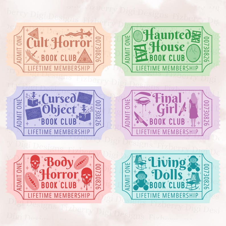 May include: Six colorful tickets with the text "Cult Horror," "Haunted House," "Cursed Object," "Final Girl," "Body Horror," and "Living Dolls" Book Club. Each ticket has a unique design and the words "Lifetime Membership."
