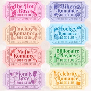 May include: A collection of eight colorful ticket-style designs, each advertising a different "Romance Book Club." The tickets feature various themes, including "Biker Romance," "Mafia Romance," and "Celebrity Romance," with the text "Lifetime Membership."