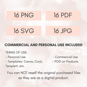 May include: Digital product graphic with the text "16 PNG, 16 PDF, 16 SVG, 16 JPG". Includes terms of use: personal and commercial use. The text is in black on a light pink background.