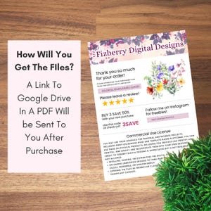 May include: Two cards with text and floral designs. One card says "How Will You Get The Files?" and the other says "Fizberry Digital Designs" with a floral bouquet. The second card also includes a discount code and commercial use license.