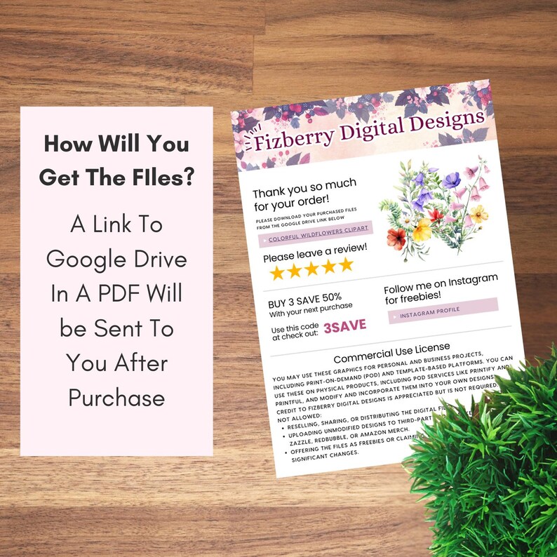 May include: Two cards with text and floral designs. One card says "How Will You Get The Files?" and the other says "Fizberry Digital Designs" with a floral bouquet. The second card also includes a discount code and commercial use license.