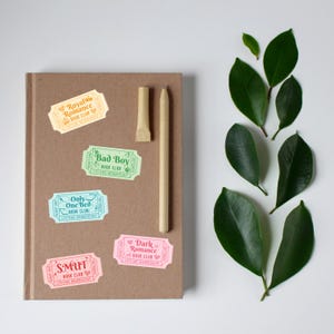 May include: A brown notebook with colorful stickers that read "Royal Romance Book Club," "Bad Boy Book Club," "Only One Bed Book Club," "Smut Book Club," and "Dark Romance Book Club." A pen and a leaf are also present.