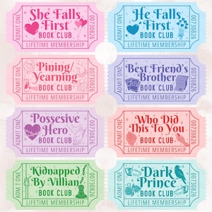 May include: A collection of eight colorful ticket-style designs with various book club themes. Each ticket features text such as "She Falls First" and "Dark Prince," along with decorative elements like hearts and flowers. The tickets are in shades of pink, blue, purple, and green.