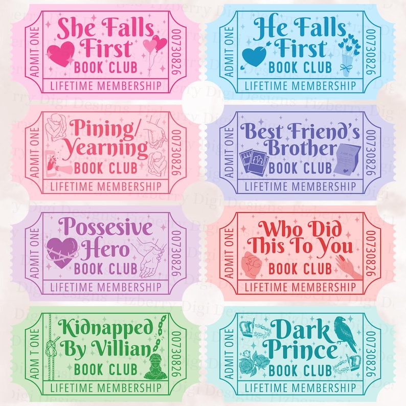 May include: A collection of eight colorful ticket-style designs with various book club themes. Each ticket features text such as "She Falls First" and "Dark Prince," along with decorative elements like hearts and flowers. The tickets are in shades of pink, blue, purple, and green.
