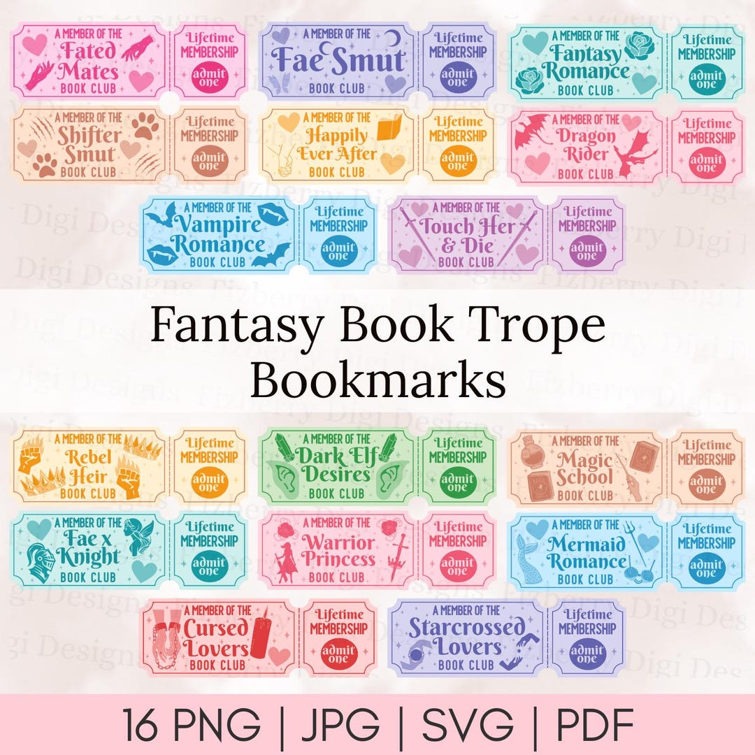 16 Fantasy Book Tropes Raffle Tickets Bookmarks SVG Bundle, Floral ...