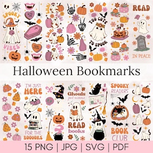 Op de afbeelding: Een verzameling Halloween-thema bladwijzers met diverse illustraties. De ontwerpen omvatten geesten, pompoenen, vleermuizen, heksenhoeden en zinnen als "Spooky Vibes" en "Book Club". De tekst "Halloween Bookmarks" is prominent weergegeven.