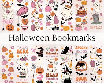 Paquete de 15 marcadores SVG de Halloween, temporada espeluznante, amantes de los libros, lectura, plantilla de marcador imprimible, citas de libros, descarga digital