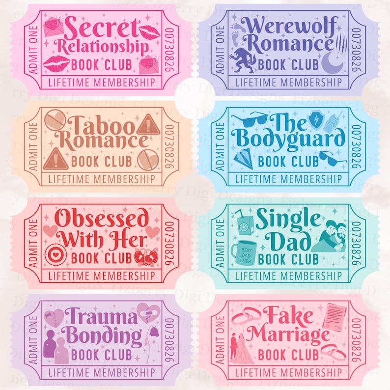 May include: A collection of eight colorful ticket-style designs, each advertising a different "Book Club" with a unique theme. The tickets feature various graphics and text, including "Secret Relationship," "Werewolf Romance," and "Single Dad."