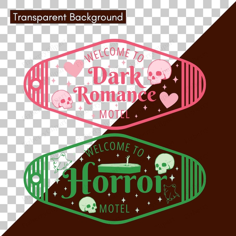May include: Two motel-style signs with the text "Welcome to Dark Romance Motel" in pink and "Welcome to Horror Motel" in green. The signs feature skulls, hearts, ghosts, and stars. The background is transparent.