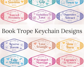 16 Book Tropes Motel Keychain Designs, Book Club Gifts, Gift for Book Lover Svg, Bookstagram Trendy Png, Bookish Designs, Digital Download