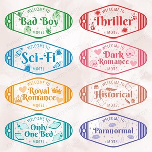 May include: A collection of motel-themed signs with various themes. Each sign has a unique color and design, including "Bad Boy," "Thriller," "Sci-Fi," "Dark Romance," "Royal Romance," "Historical," "Only One Bed," and "Paranormal."