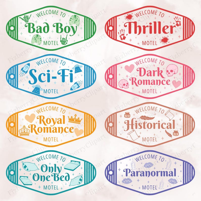 May include: A collection of motel-themed signs with various themes. Each sign has a unique color and design, including "Bad Boy," "Thriller," "Sci-Fi," "Dark Romance," "Royal Romance," "Historical," "Only One Bed," and "Paranormal."