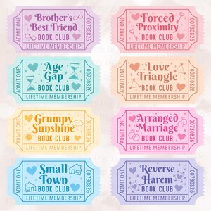 May include: Eight colorful book club tickets with various themes like "Brother's Best Friend" and "Forced Proximity." Each ticket has a unique design with hearts, icons, and the text "Lifetime Membership."