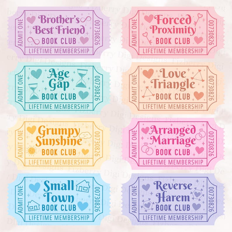 May include: Eight colorful book club tickets with various themes like "Brother's Best Friend" and "Forced Proximity." Each ticket has a unique design with hearts, icons, and the text "Lifetime Membership."