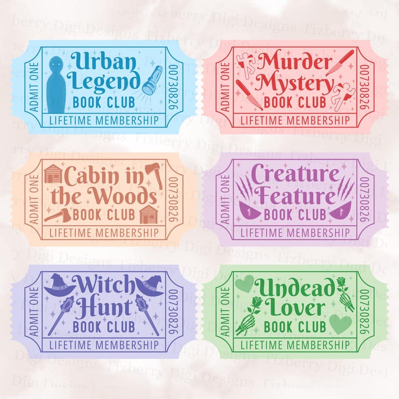 May include: Six colorful book club tickets with unique themes: Urban Legend, Murder Mystery, Cabin in the Woods, Creature Feature, Witch Hunt, and Undead Lover. Each ticket includes the text "Lifetime Membership."