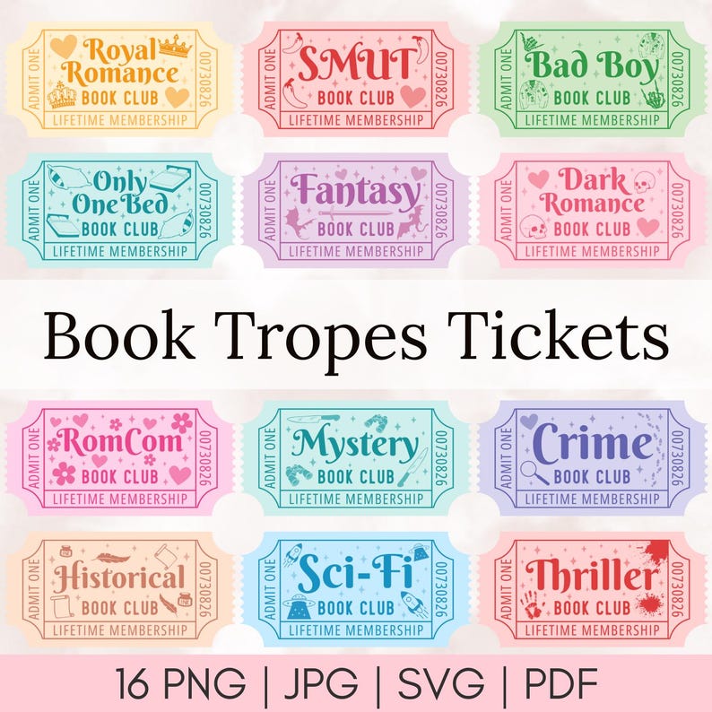 May include: A collection of colorful tickets with various book genres, including "Royal Romance," "Smut," and "Bad Boy." The tickets feature the text "Book Club" and "Lifetime Membership." The image also includes the text "Book Tropes Tickets."
