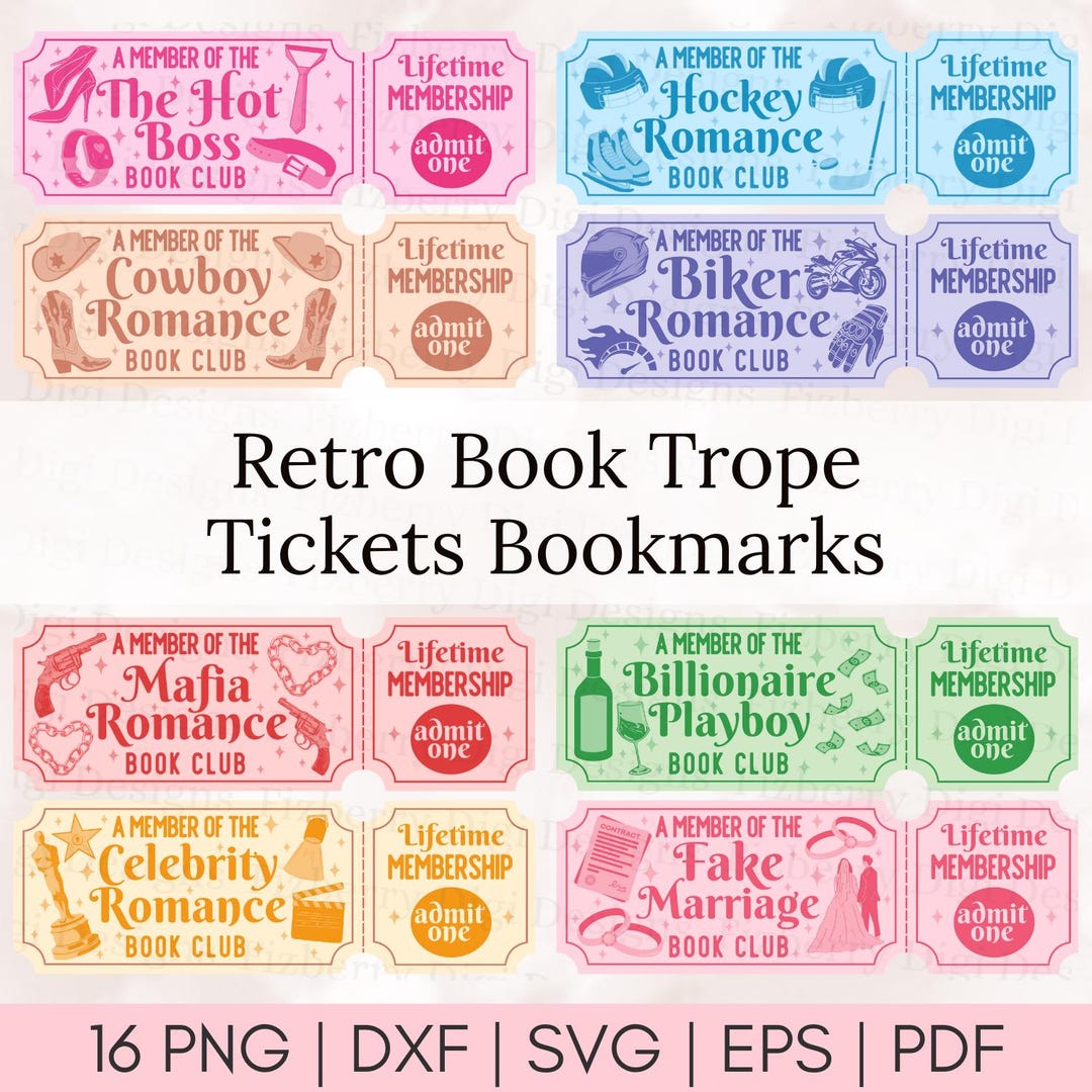 16 Book Tropes Raffle Tickets Bookmarks SVG Bundle, Girly Bookmark ...