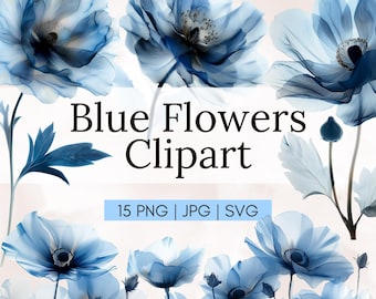 15 Blue Flower Watercolor Clipart: Abstract Floral Designs (Digital Download)