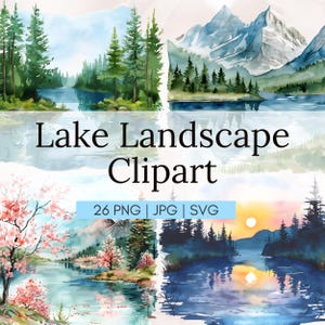 Lake Landscape Clipart, Lake Sunrise, Landscape Art, Landscape Painting, Watercolor Landscape, Printable Watercolor Clipart,Digital Download