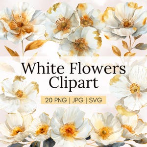 20 White and Gold Abstract Floral Watercolor Clipart Bundle, Printable Watercolor Clipart, Commercial Use Designs,Digital download, PNG, SVG
