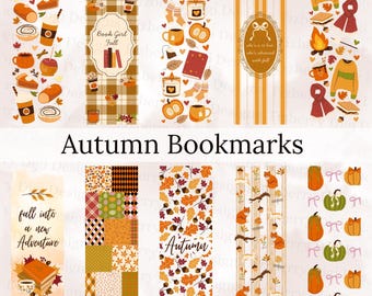 May include: A collection of autumn-themed bookmarks with various designs. The bookmarks feature illustrations of pumpkins, leaves, books, mugs, and cozy sweaters in warm colors. Text on the bookmarks includes "Book Girl Fall" and "Autumn".