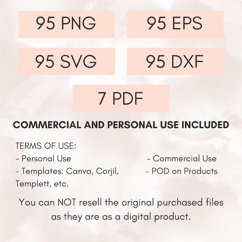 May include: Digital design files, including 95 PNG, EPS, SVG, and DXF files, plus 7 PDF files. The image states commercial and personal use is included, with terms of use detailed. Resale of original files is not permitted.