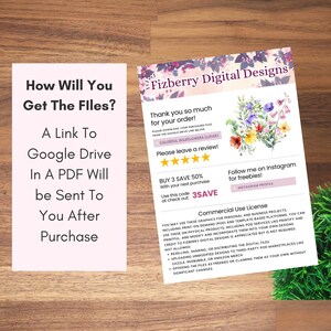 May include: Two informational cards on a wooden surface. One card asks "How Will You Get The Files?" and explains a PDF link to Google Drive will be sent after purchase. The other card is a thank you note with a floral design.