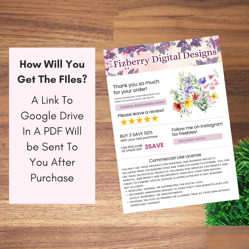 May include: Two informational cards on a wooden surface. One card asks "How Will You Get The Files?" and explains a PDF link to Google Drive will be sent after purchase. The other card is a thank you note with a floral design.