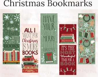 Könnte beinhalten: Set von Lesezeichen zum Thema Weihnachten mit festlichen Designs. Jedes Lesezeichen zeigt festliche Texte und Illustrationen, darunter Bücher, Schneeflocken und Lichterketten. Der Text enthält Sätze wie "Deck the Halls" und "It's the Most Wonderful Time for a Book".