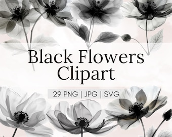 29 Black Flower Watercolor Clipart: PNG, SVG, JPG (Digital Download)