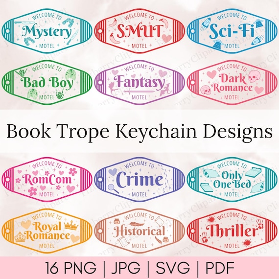 16 Book Tropes Motel Keychain Designs, Book Club Gifts, Gift for Book Lover Svg, Bookstagram Trendy Png, Bookish Designs, Digital Download
