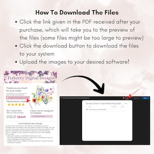 May include: A digital download guide with instructions on how to download files. The guide includes steps on clicking links, downloading files, and uploading images. The image also includes a thank you note and a commercial use license.