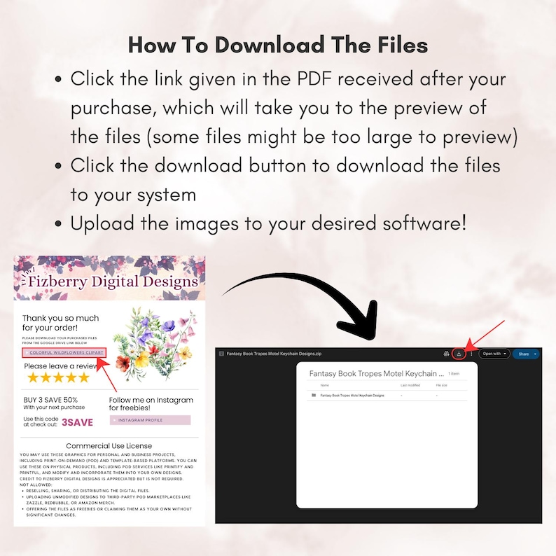 May include: A digital download guide with instructions on how to download files. The guide includes steps on clicking links, downloading files, and uploading images. The image also includes a thank you note and a commercial use license.