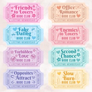 May include: A collection of eight colorful ticket-style designs, each with a unique theme for a book club. The tickets feature phrases like "Friends to Lovers," "Office Romance," and "Fake Dating," with decorative elements such as hearts and flowers.