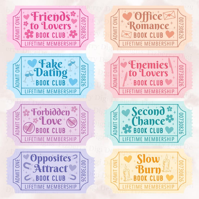 May include: A collection of eight colorful ticket-style designs, each with a unique theme for a book club. The tickets feature phrases like "Friends to Lovers," "Office Romance," and "Fake Dating," with decorative elements such as hearts and flowers.
