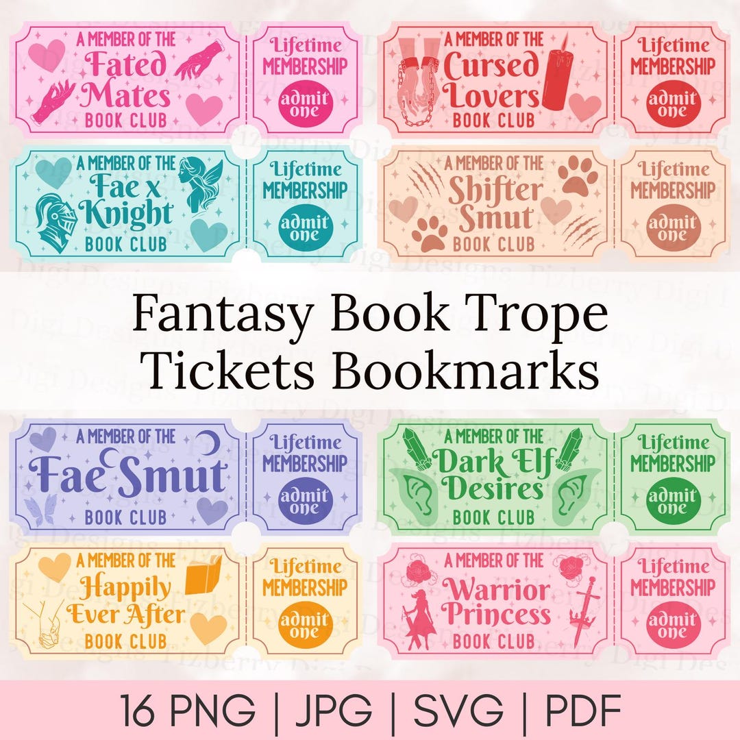 16 Fantasy Book Tropes Raffle Tickets Bookmarks SVG Bundle, Gifts for ...