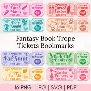 May include: Colorful fantasy book trope tickets and bookmarks. Each ticket features a unique design with phrases like "Fated Mates" and "Cursed Lovers." The tickets are in various colors, including pink, blue, and green, with the text "Lifetime Membership" and "admit one."