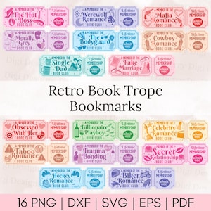 May include: A collection of colorful retro-style bookmarks featuring various book tropes like "The Hot Boss" and "Werewolf Romance." Each bookmark has a unique design and the words "Lifetime Membership" and "Admit One."