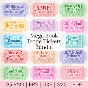 Op de afbeelding: Een verzameling kleurrijke boekenclubtickets met verschillende romantische thema's, waaronder "Biker Romance" en "Enemies to Lovers". De tickets zijn in een bundel met bestandsformaten zoals PNG, EPS en PDF. Elk ticket heeft een uniek ontwerp.