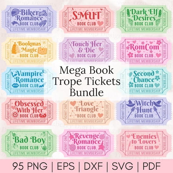 95 Book Trope Tickets SVG Bundle, Romance Fantasy Designs (Digital Download)