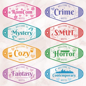 May include: A collection of motel-style signs with the phrases "RomCom," "Crime," "Mystery," "Smut," "Cozy," "Horror," "Fantasy," and "Contemporary." Each sign has a unique color scheme and themed illustrations.