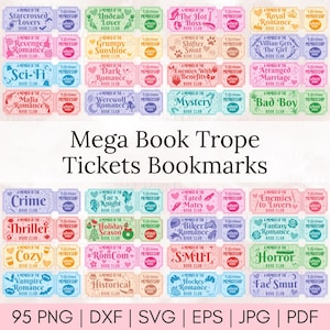Puede incluir: Un conjunto de marcapáginas coloridos con forma de ticket, con temas de tropos de libros como "Starcrossed Lovers" y "Mafia Romance". Los marcapáginas tienen una estética vintage e incluyen el texto "A Member of the Book Club" y "Lifetime Membership".