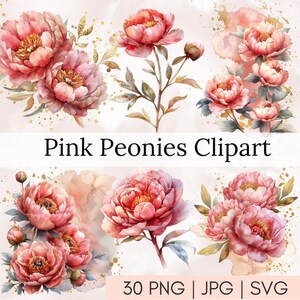 Peonies Clip Art, Pink Floral Clipart, Pink Peony Clipart, Printable Watercolor Clipart, Commercial Use Designs, Digital download, PNG, SVG